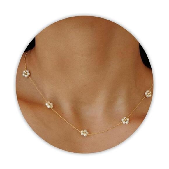 Dainty Pearl Necklace  14k Gold Plated Daisy Pearl Choker Stainless Steel - Picture 1 of 8